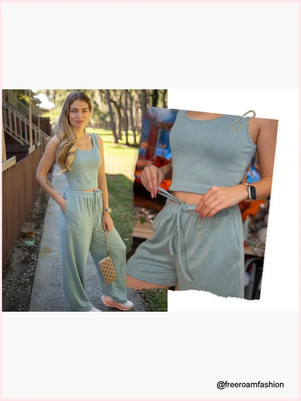 3 Piece Lounge Set Crop Top Shorts & Pants Ribbed Knit Vacation Outfit - Picture 7 of 7